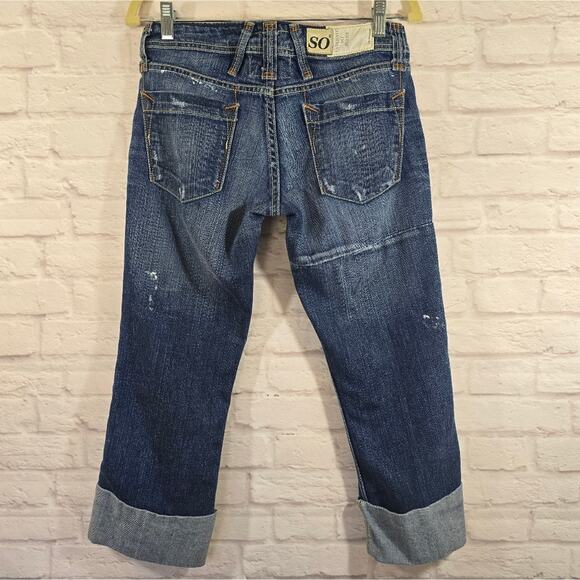 L Taverniti SO Y2K Rolled Cuff Cropped Blue Denim Jeans Size 27 Patchwork Paint - Picture 5 of 10